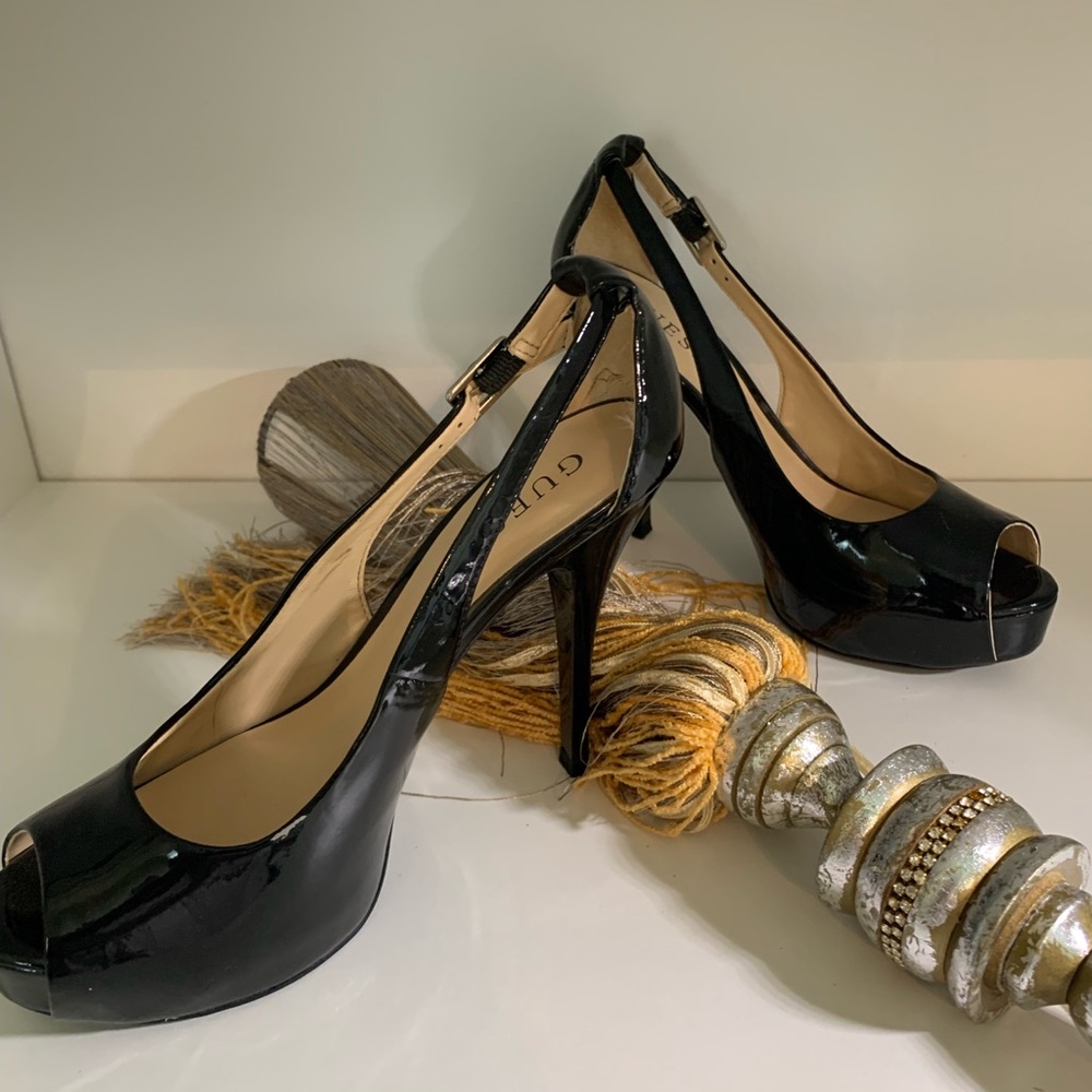 Guess black patent peep toe heels